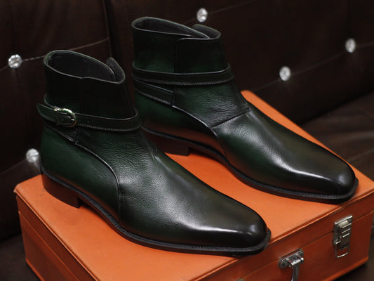 New Men's Handmade Formal Shoes Green Shaded Leather Ankle High Jodhpur Stylish Boots