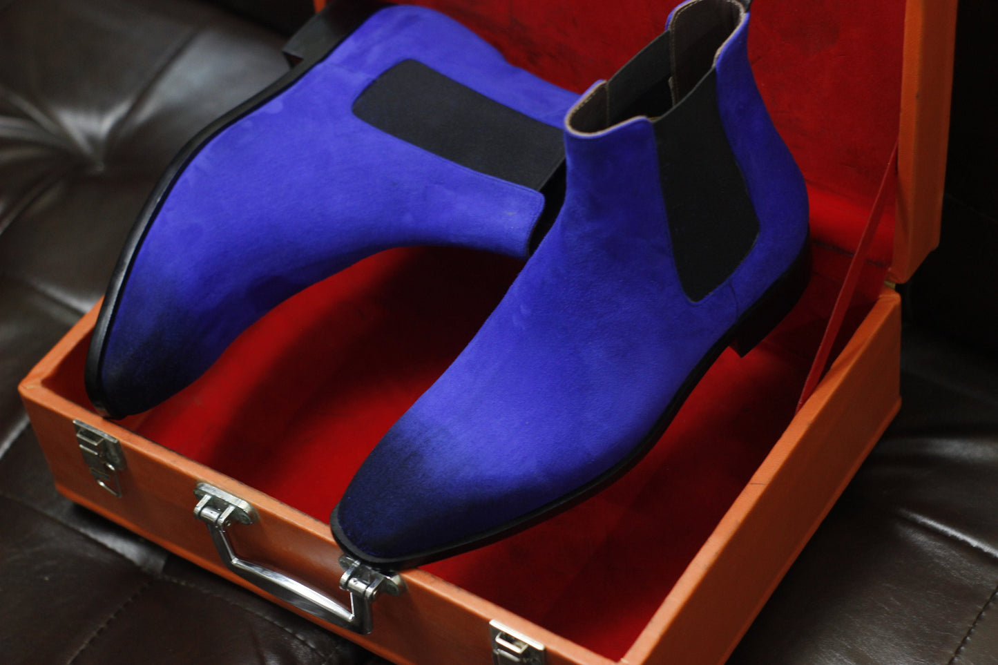 New Men's Handmade Formal Shoes Blue Shaded Suede Leather Pull On Ankle High Stylish Chelsea Boots