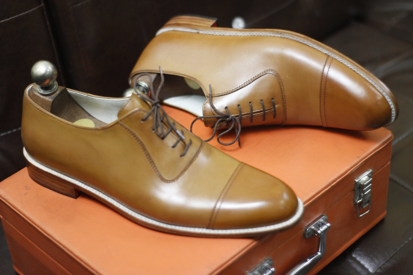 New Men's Handmade Formal Shoes Tan Leather Lace Up Stylish Cap Toe Dress & Casual Wear Shoes