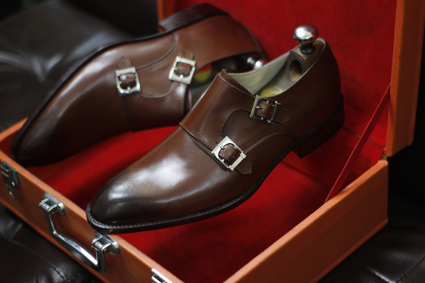 New Men's Handmade Formal Shoes Brown Shaded Leather Double Monk Stylish Buckle Strap Dress & Formal Wear Shoes