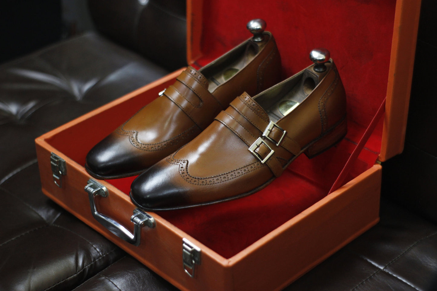 New Men's Handmade Formal Shoes Brown Shaded Leather Double Buckle Straps Stylish Wing Tip Dress & Formal Wear Shoes