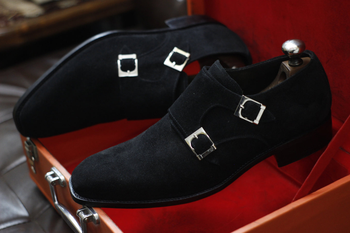 New Men's Handmade Formal Shoes Black Suede Leather Double Monk Stylish Buckle Strap Dress & Formal Wear Shoes