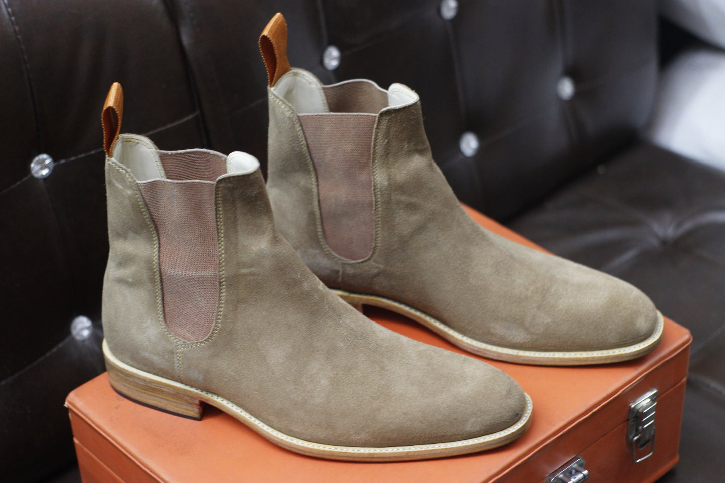 New Men's Handmade Formal Shoes Beige Suede Leather Pull On Ankle High Stylish Chelsea Boots