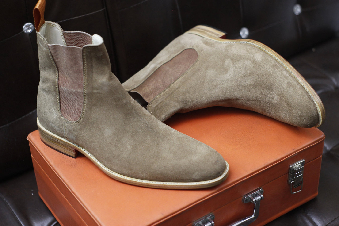 New Men's Handmade Formal Shoes Beige Suede Leather Pull On Ankle High Stylish Chelsea Boots