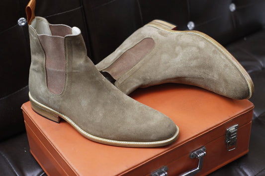 New Men's Handmade Formal Shoes Beige Suede Leather Pull On Ankle High Stylish Chelsea Boots