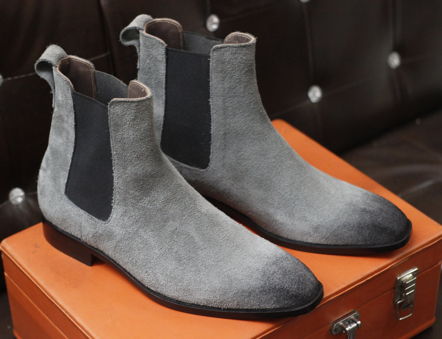 New Men's Handmade Formal Shoes Grey Shaded Suede Leather Pull On Ankle High Stylish Chelsea Boots