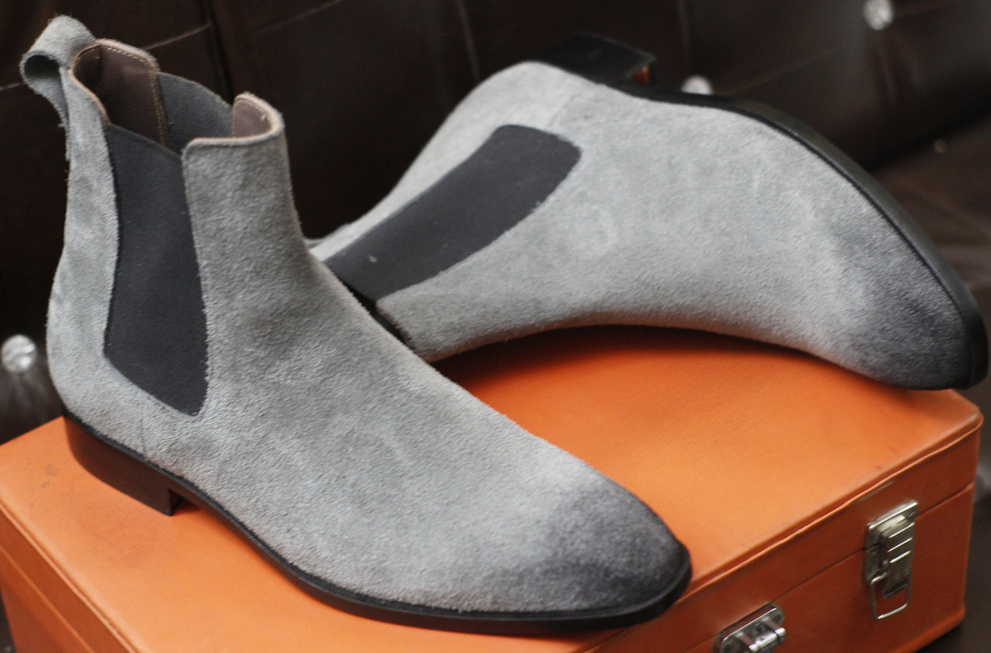 New Men's Handmade Formal Shoes Grey Shaded Suede Leather Pull On Ankle High Stylish Chelsea Boots