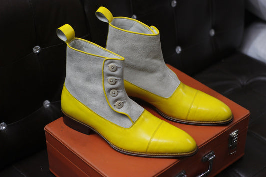 New Men's Handmade Formal Shoes Beige Suede and Yellow Leather Ankle High Cap Toe Style Button Boots