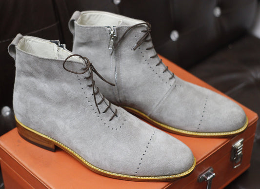 New Men's Handmade Formal Shoes Grey Suede Leather Lace Up Stylish Ankle High Side Zipper Dress & Formal Boots