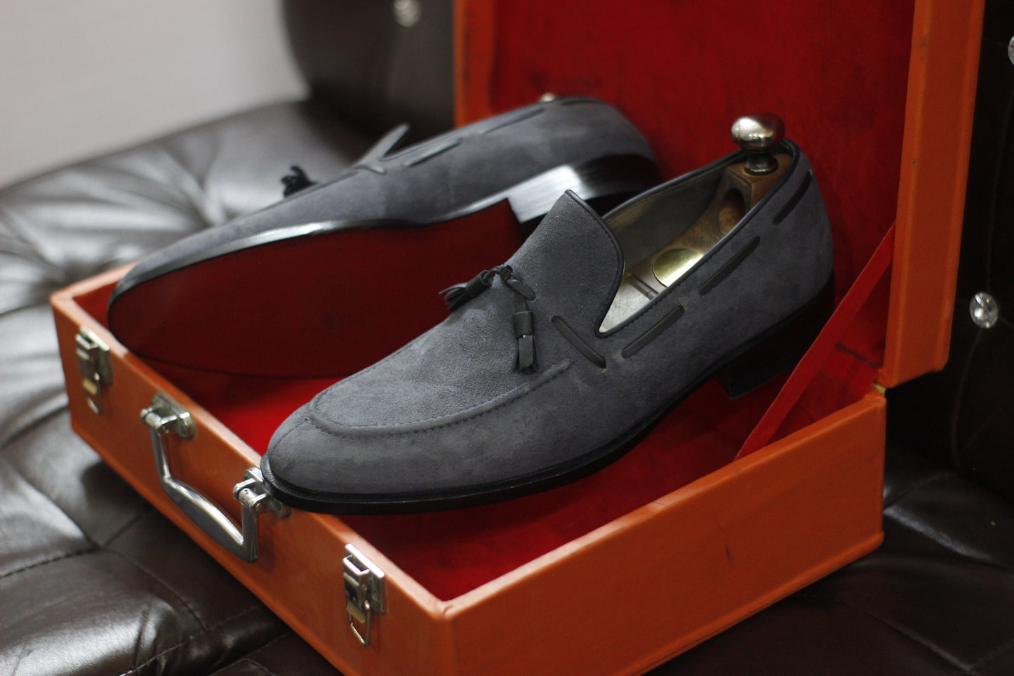 New Men's Handmade Formal Shoes Grey Suede Leather Slip On Stylish Loafer  Black Leather Teasels Dress & Formal Wear Shoes