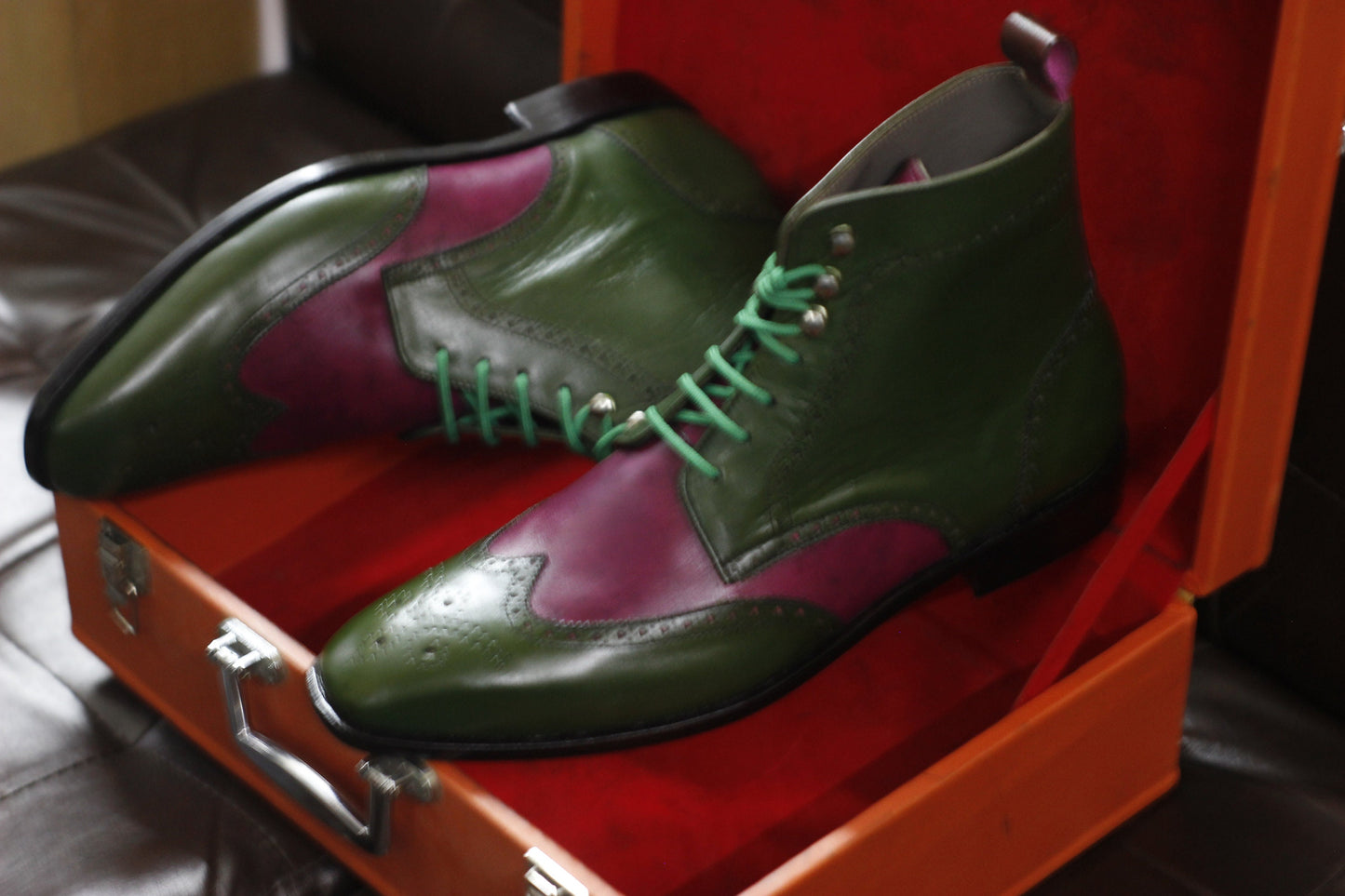 New Men's Handmade Formal Shoes Green & Pink Leather Lace Up Ankle High Wing Tip Dress and Formal Wear Boots