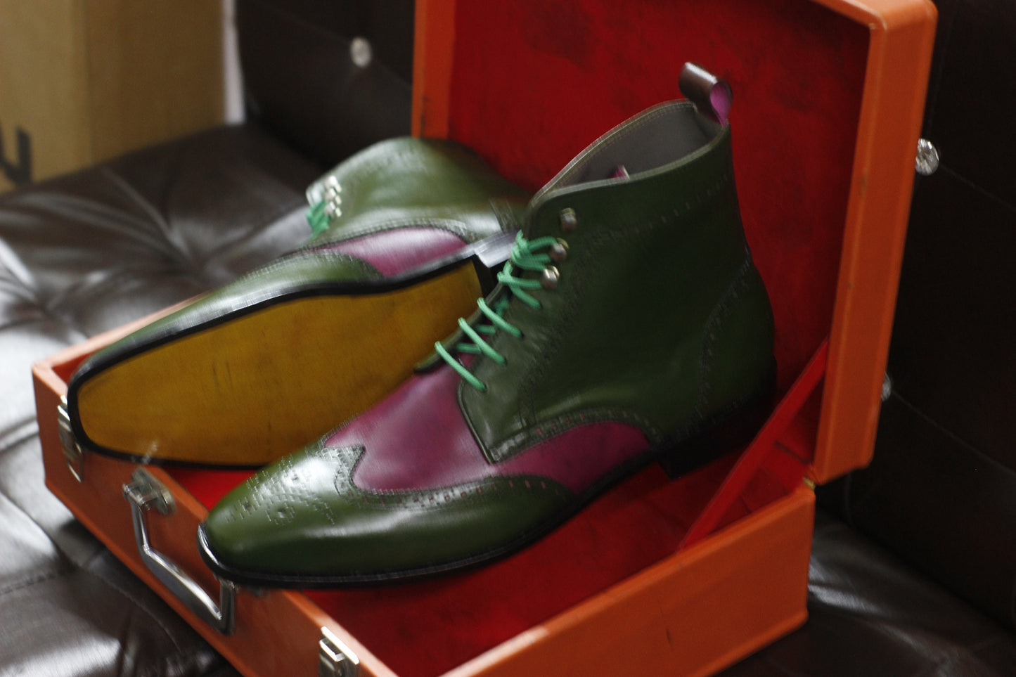 New Men's Handmade Formal Shoes Green & Pink Leather Lace Up Ankle High Wing Tip Dress and Formal Wear Boots