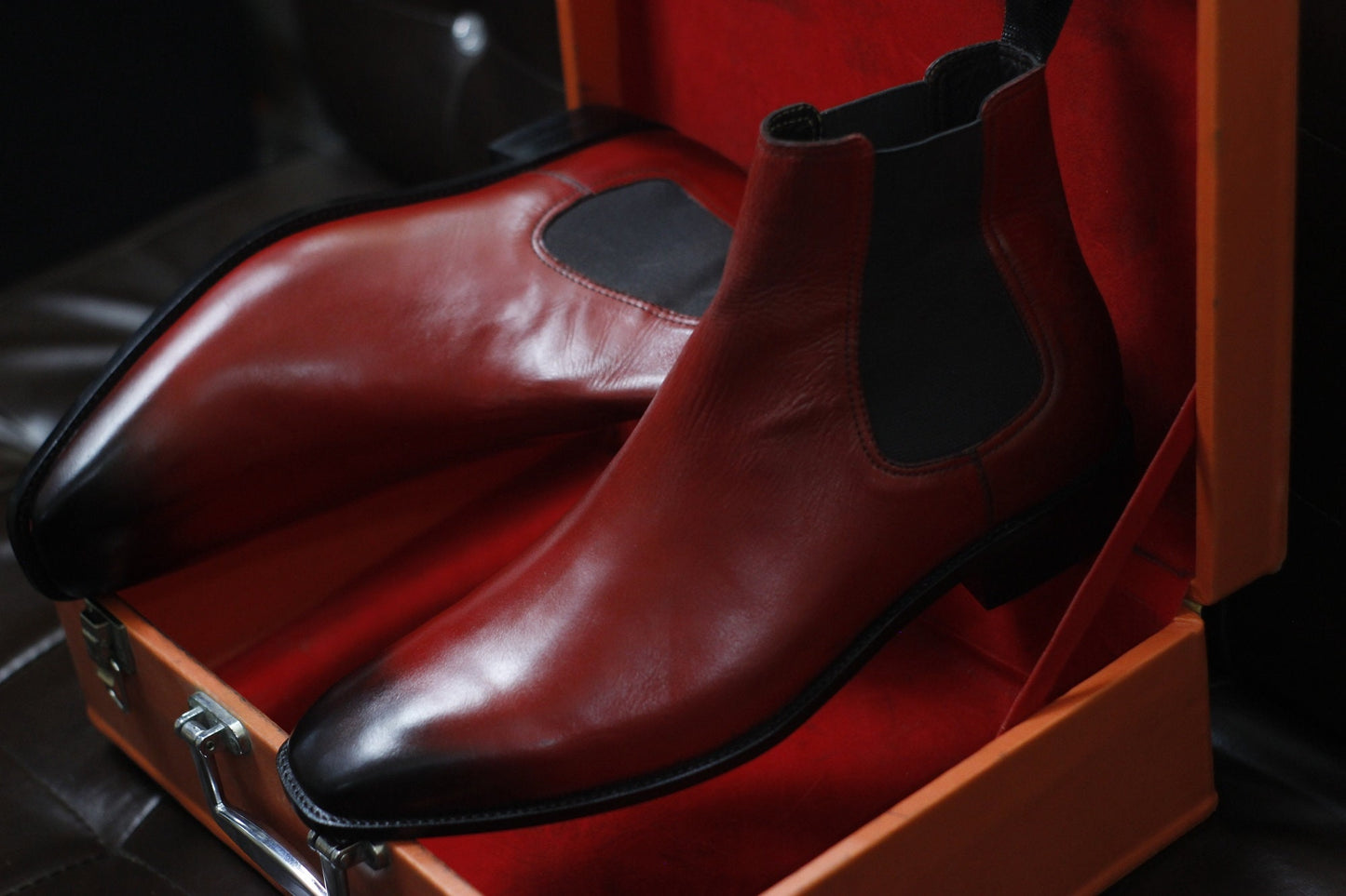 New Men's Handmade Formal Shoes Red Shaded Leather Pull On Ankle High Stylish Chelsea Boots