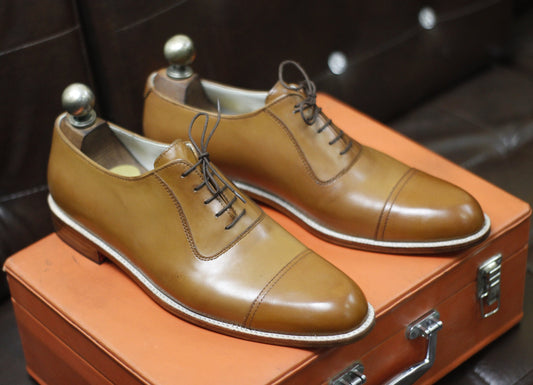 New Men's Handmade Formal Shoes Tan Leather Lace Up Stylish Cap Toe Dress & Casual Wear Shoes