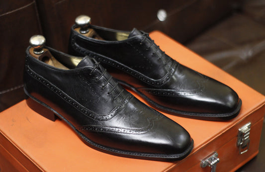 New Men's Handmade Formal Shoes Black Leather Lace Up Wing Tip Stylish Round Toe Dress & Formal Wear Shoes