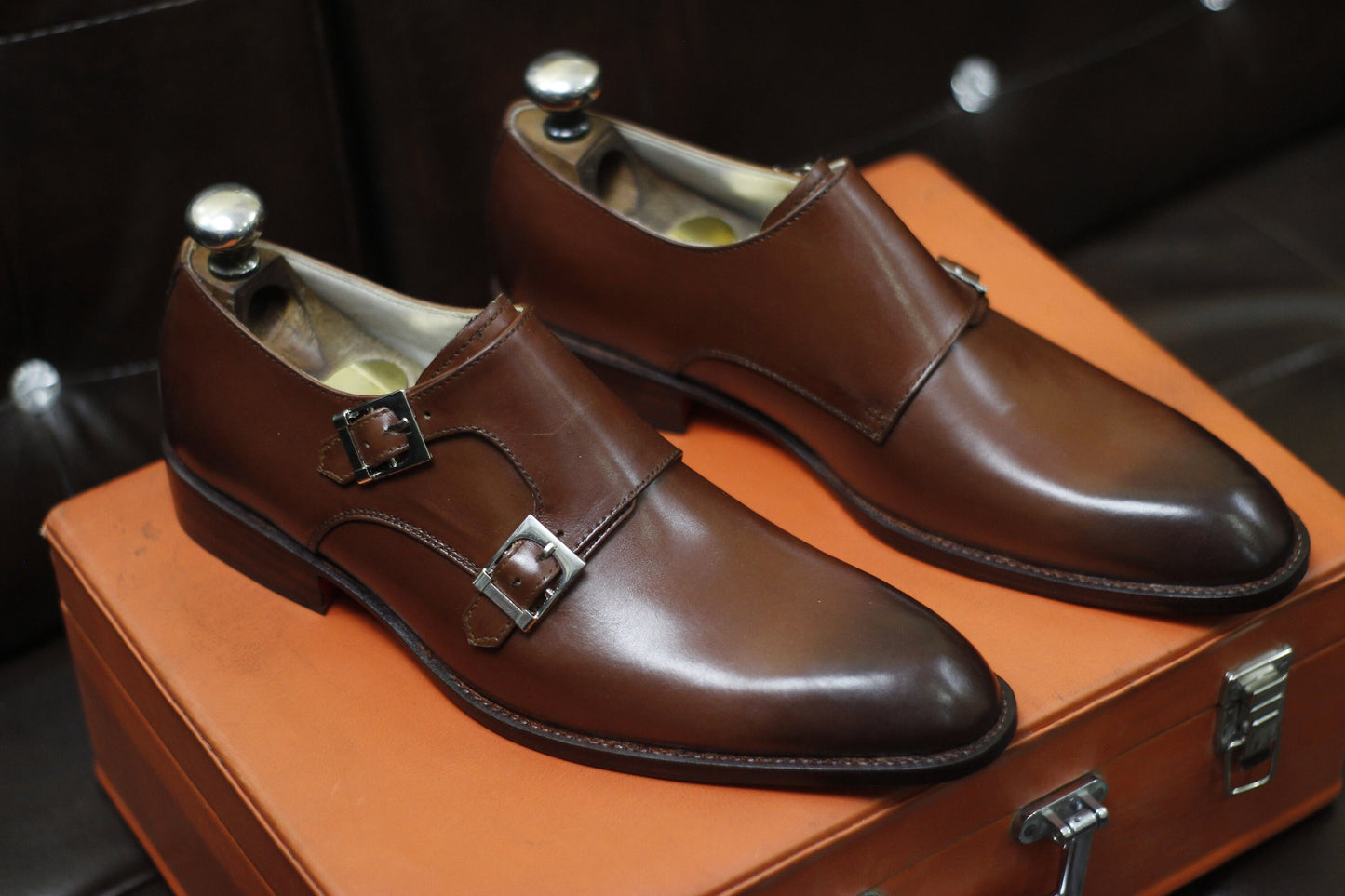 New Men's Handmade Formal Shoes Brown Shaded Leather Double Monk Stylish Buckle Strap Dress & Formal Wear Shoes