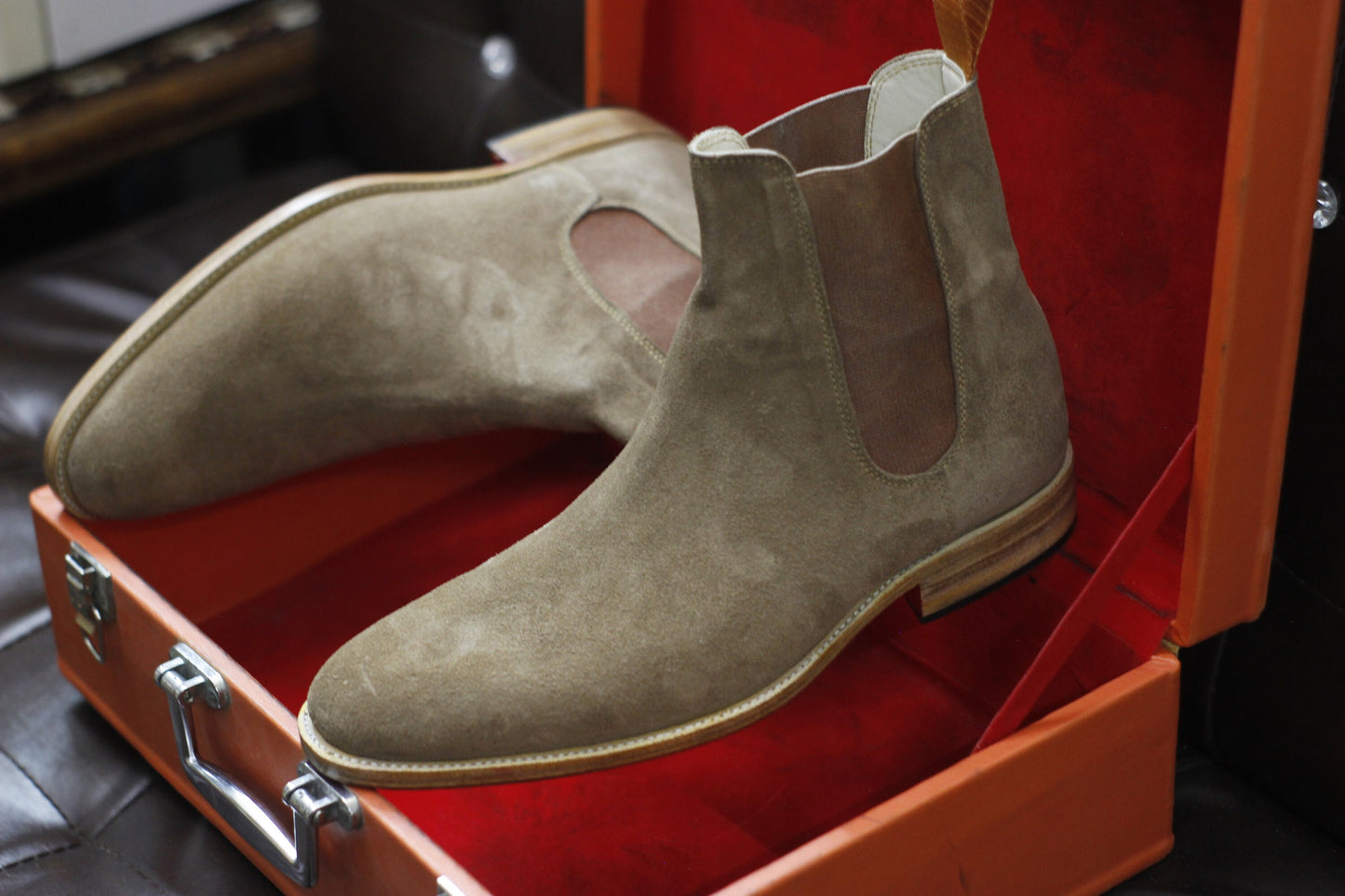 New Men's Handmade Formal Shoes Beige Suede Leather Pull On Ankle High Stylish Chelsea Boots