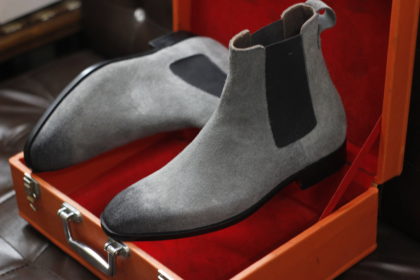 New Men's Handmade Formal Shoes Grey Shaded Suede Leather Pull On Ankle High Stylish Chelsea Boots