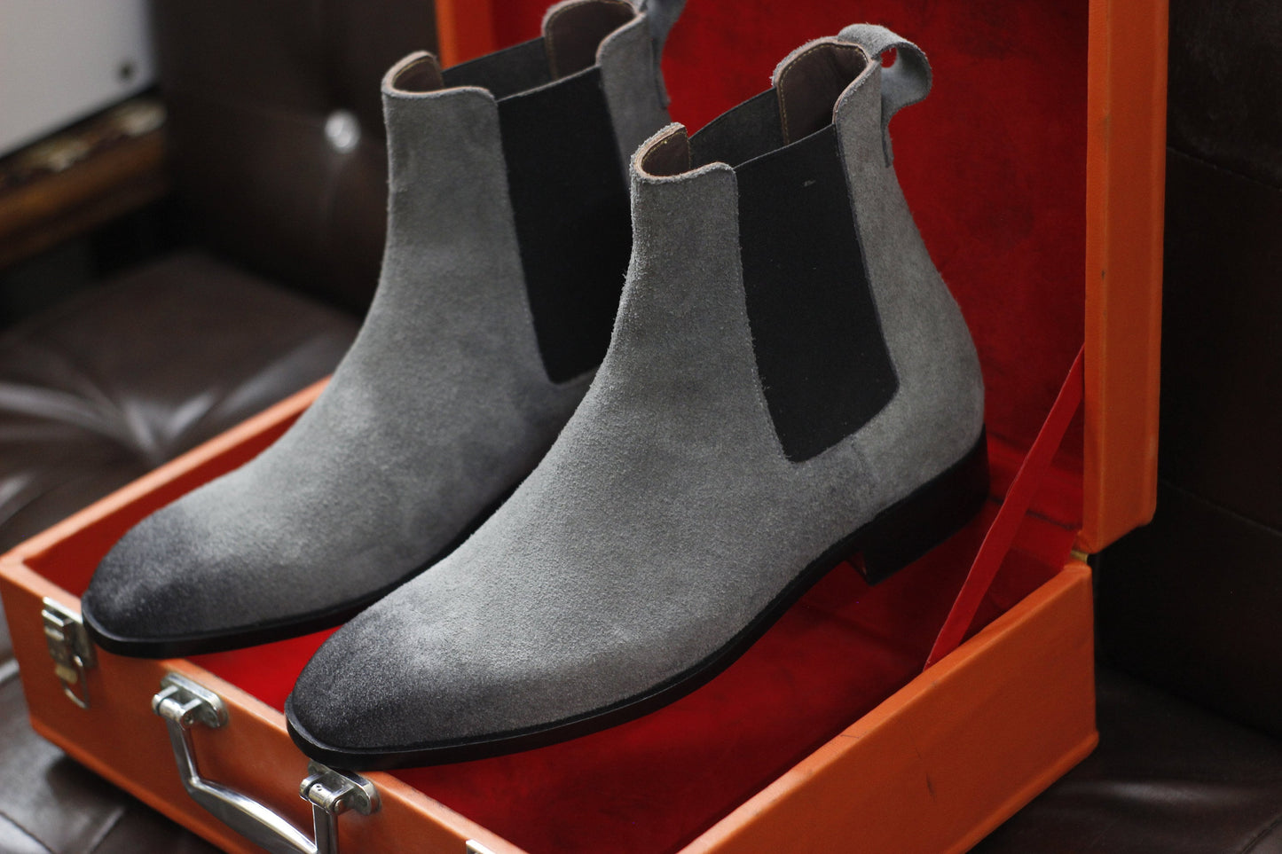 New Men's Handmade Formal Shoes Grey Shaded Suede Leather Pull On Ankle High Stylish Chelsea Boots