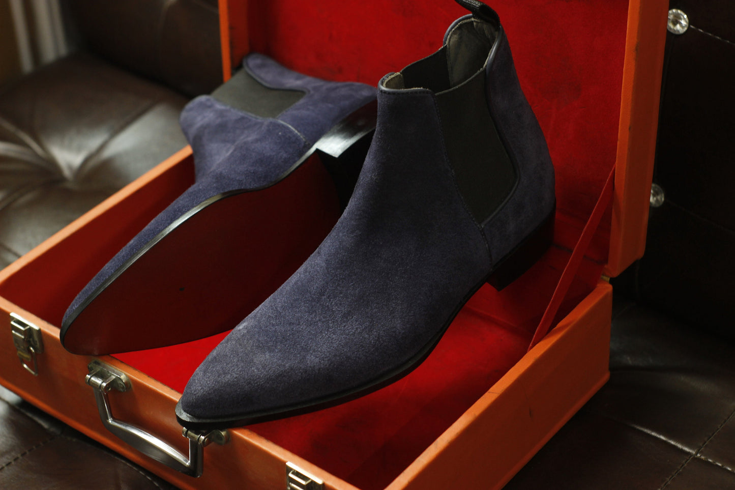 New Men's Handmade Formal Shoes Navy Blue Suede Leather Pull On Ankle High Stylish Chelsea Boots