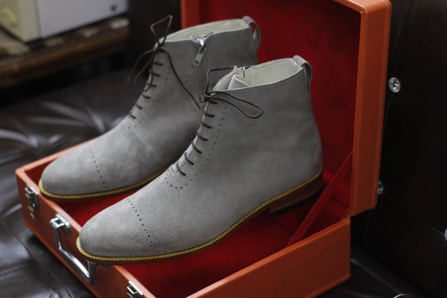 New Men's Handmade Formal Shoes Grey Suede Leather Lace Up Stylish Ankle High Side Zipper Dress & Formal Boots