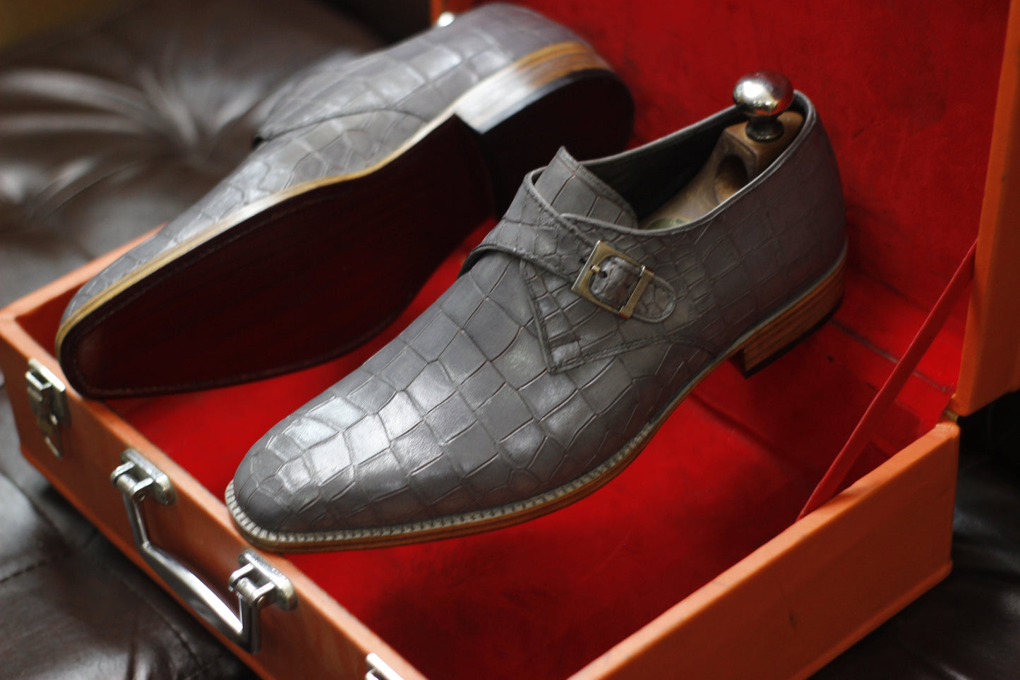 GREY CROC TEXTURED HANDMADE SINGLE MONK SHOES