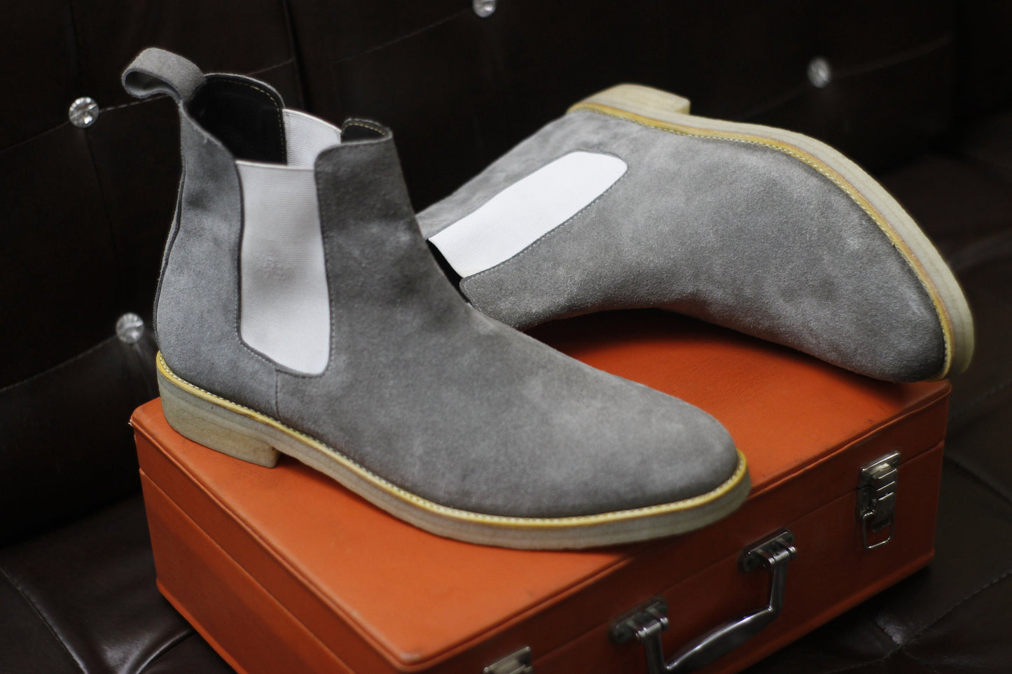 New Men's Handmade Formal Shoes Grey Suede Leather Pull On Ankle High Stylish Crape Sole Chelsea Boots