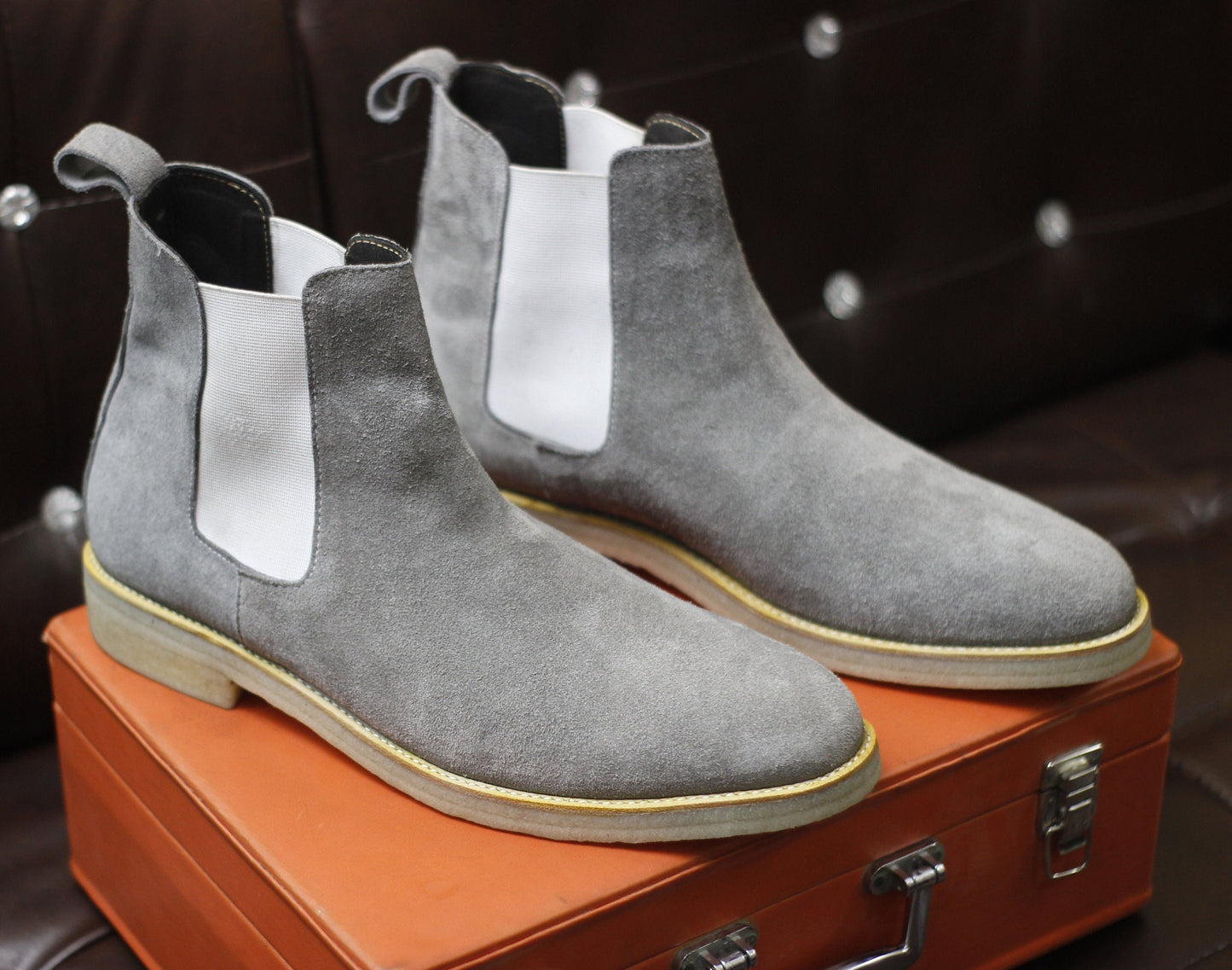 New Men's Handmade Formal Shoes Grey Suede Leather Pull On Ankle High Stylish Crape Sole Chelsea Boots