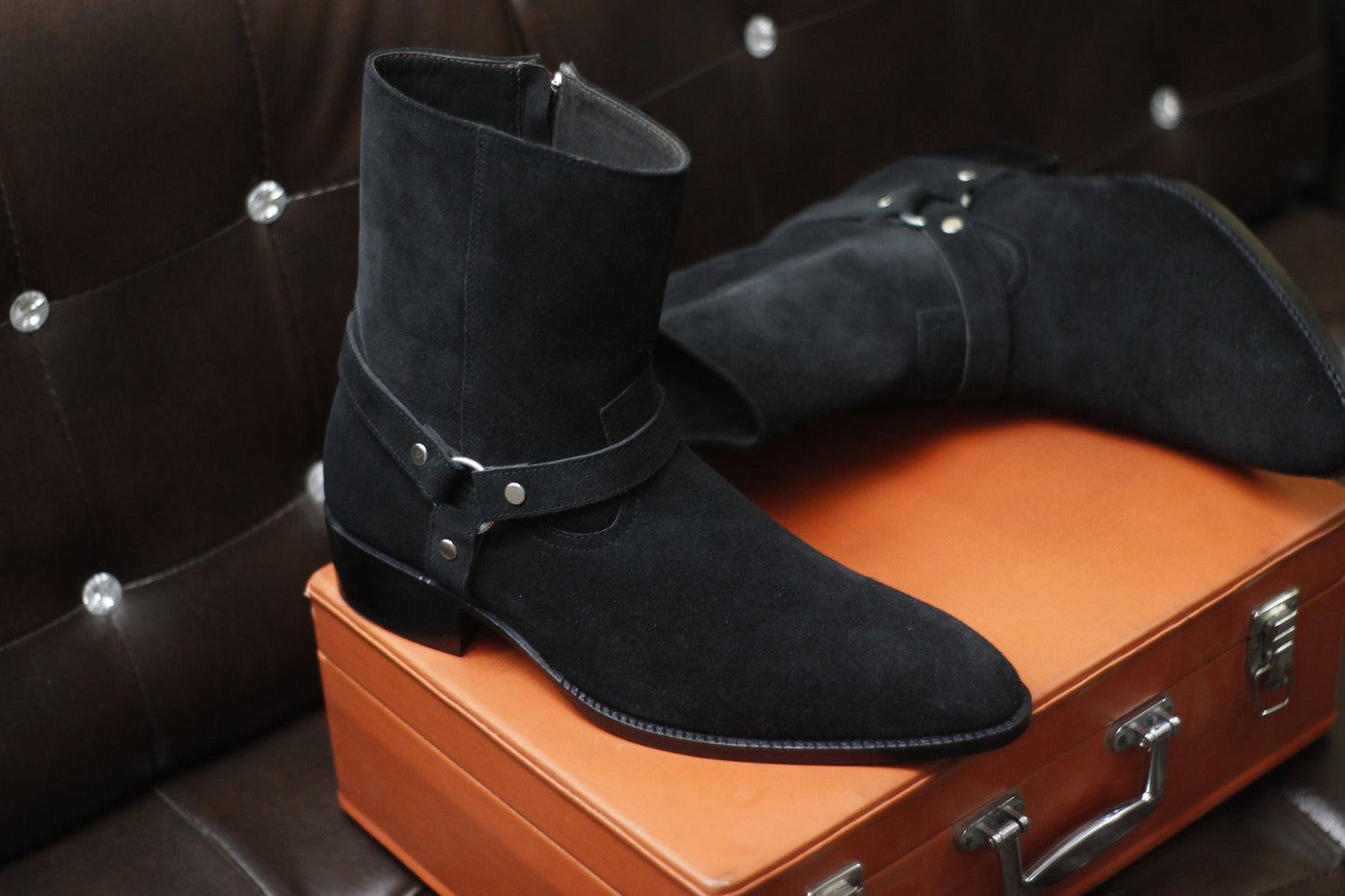 New Men's Handmade Formal Shoes Black Suede Leather Ankle High Jodhpur Style Zip Up Boots