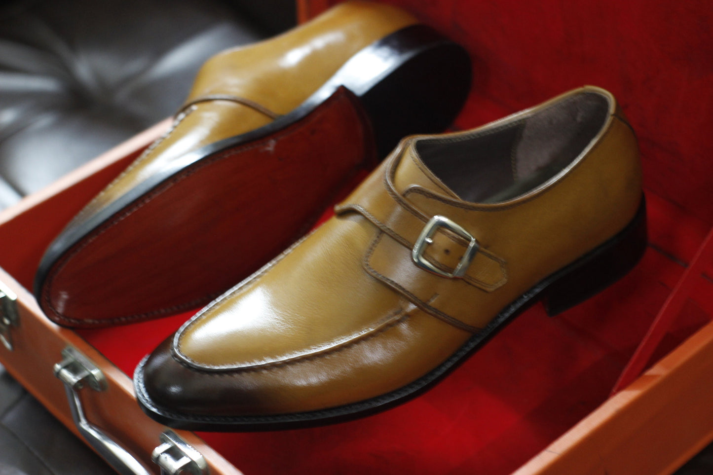 New Men's Handmade Buckle Shoes Tan Brown Leather Single Monk Stylish Dress & Formal Wear Shoes