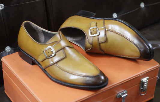 New Men's Handmade Buckle Shoes Tan Brown Leather Single Monk Stylish Dress & Formal Wear Shoes