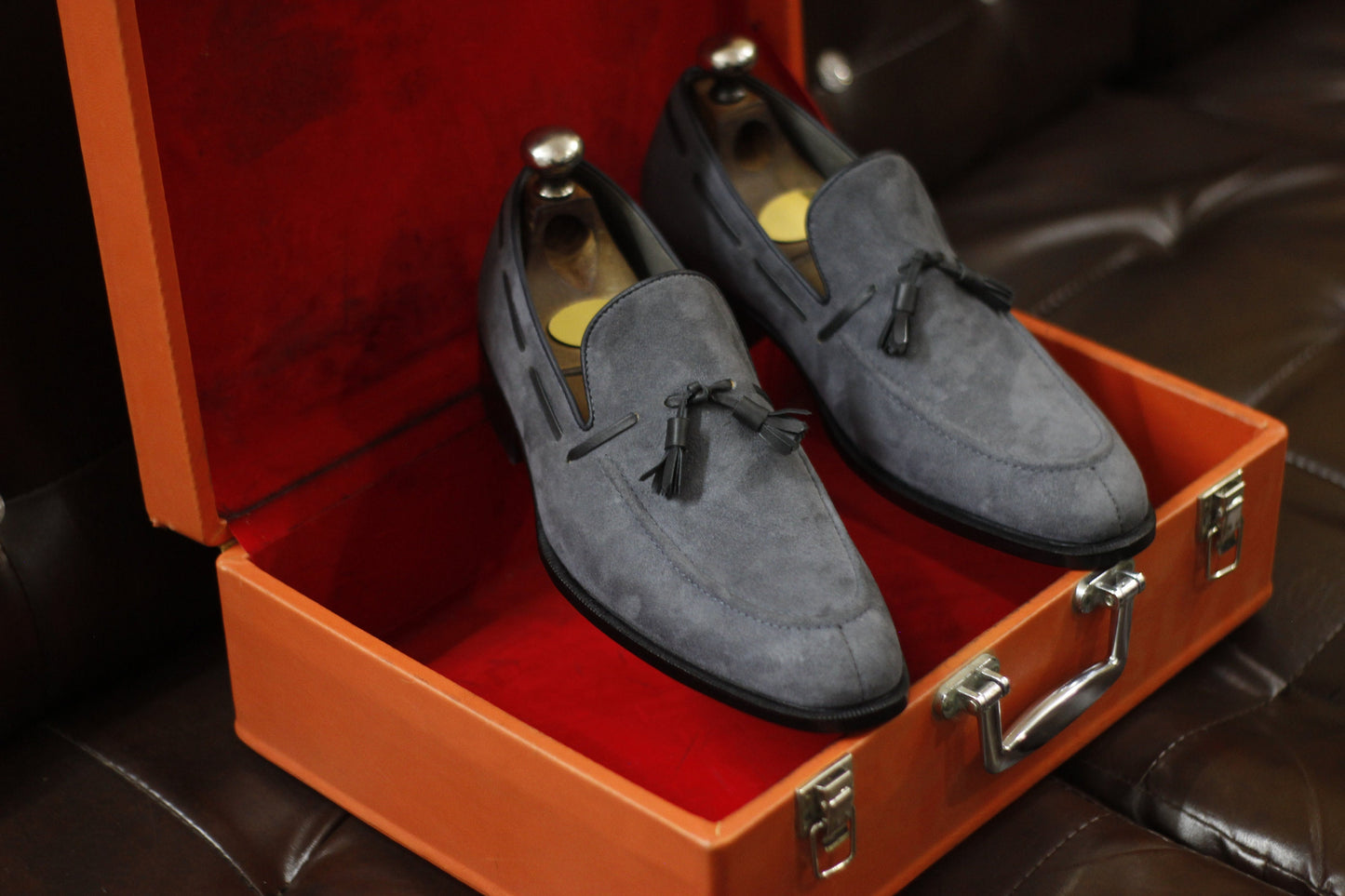 New Men's Handmade Formal Shoes Grey Suede Leather Slip On Stylish Loafer  Black Leather Teasels Dress & Formal Wear Shoes