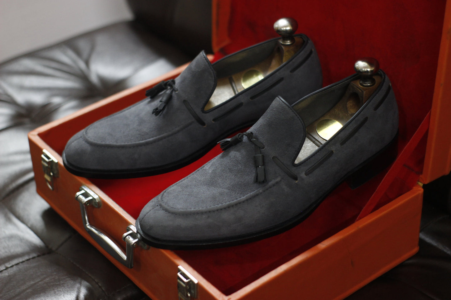 New Men's Handmade Formal Shoes Grey Suede Leather Slip On Stylish Loafer  Black Leather Teasels Dress & Formal Wear Shoes