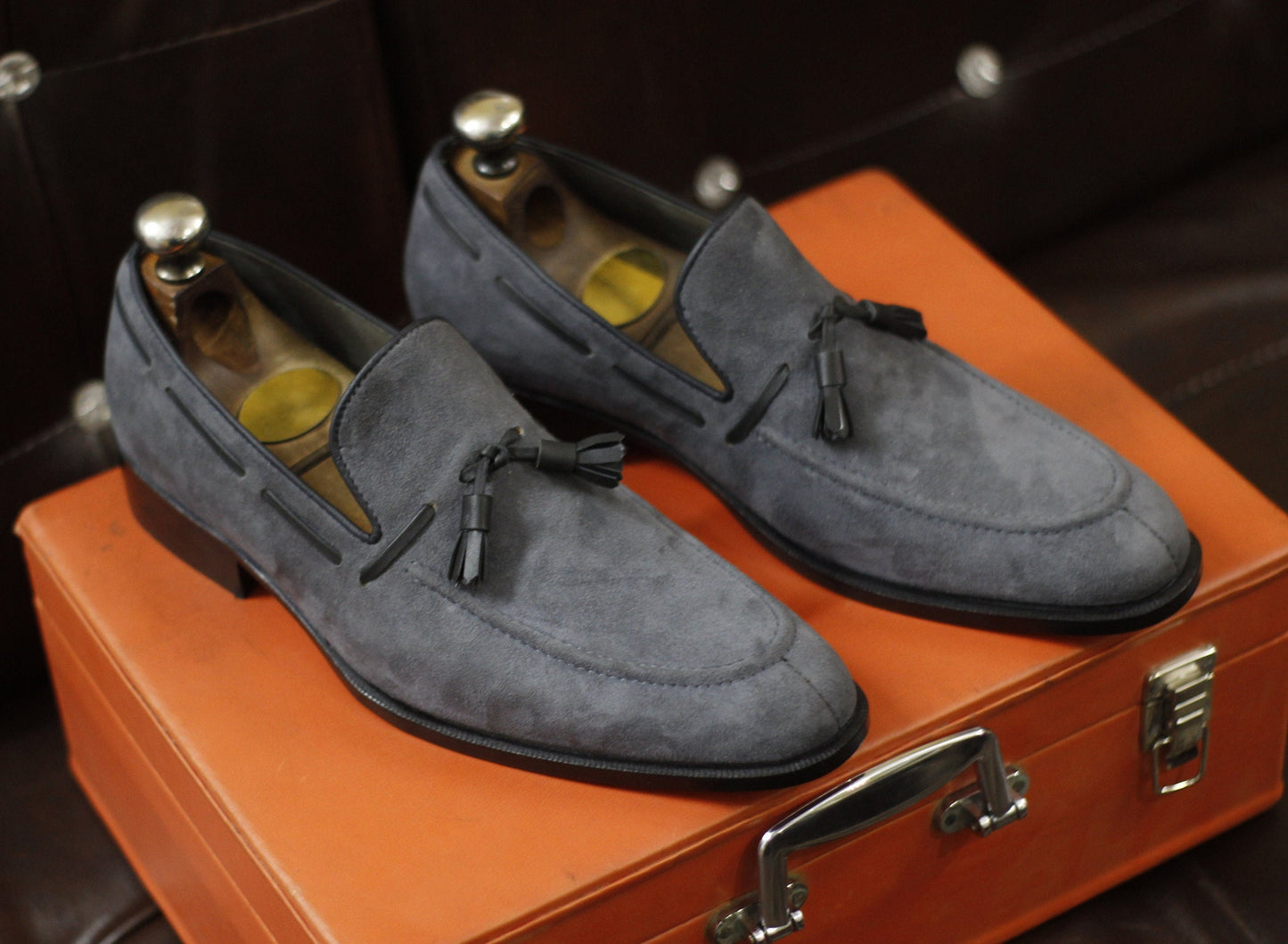 New Men's Handmade Formal Shoes Grey Suede Leather Slip On Stylish Loafer  Black Leather Teasels Dress & Formal Wear Shoes