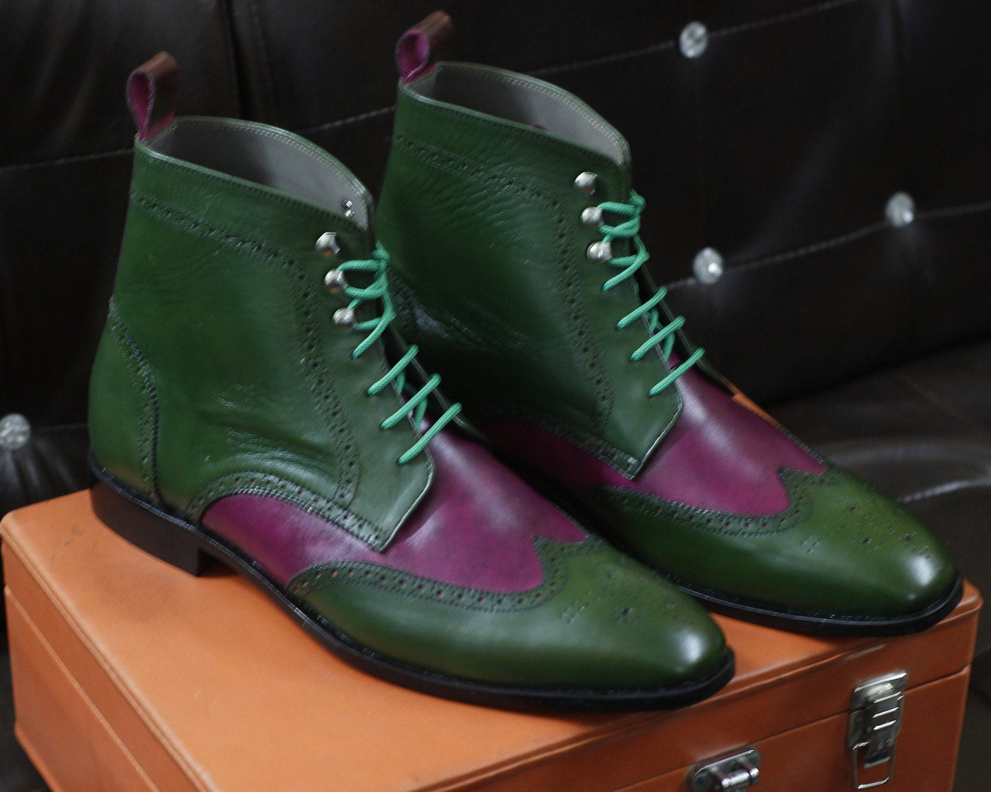 New Men's Handmade Formal Shoes Green & Pink Leather Lace Up Ankle High Wing Tip Dress and Formal Wear Boots