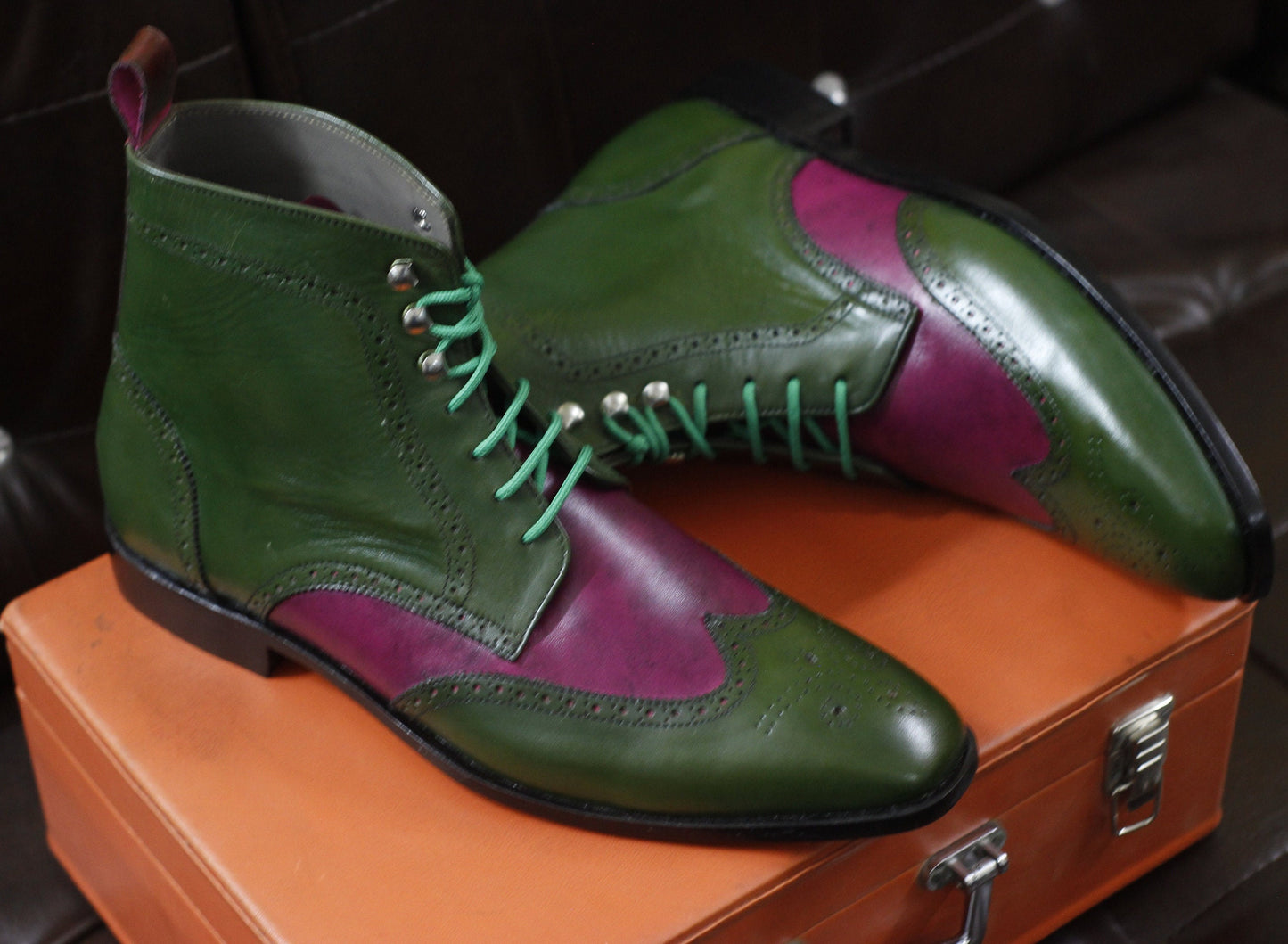 New Men's Handmade Formal Shoes Green & Pink Leather Lace Up Ankle High Wing Tip Dress and Formal Wear Boots