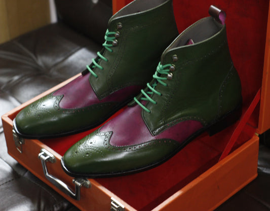 New Men's Handmade Formal Shoes Green & Pink Leather Lace Up Ankle High Wing Tip Dress and Formal Wear Boots