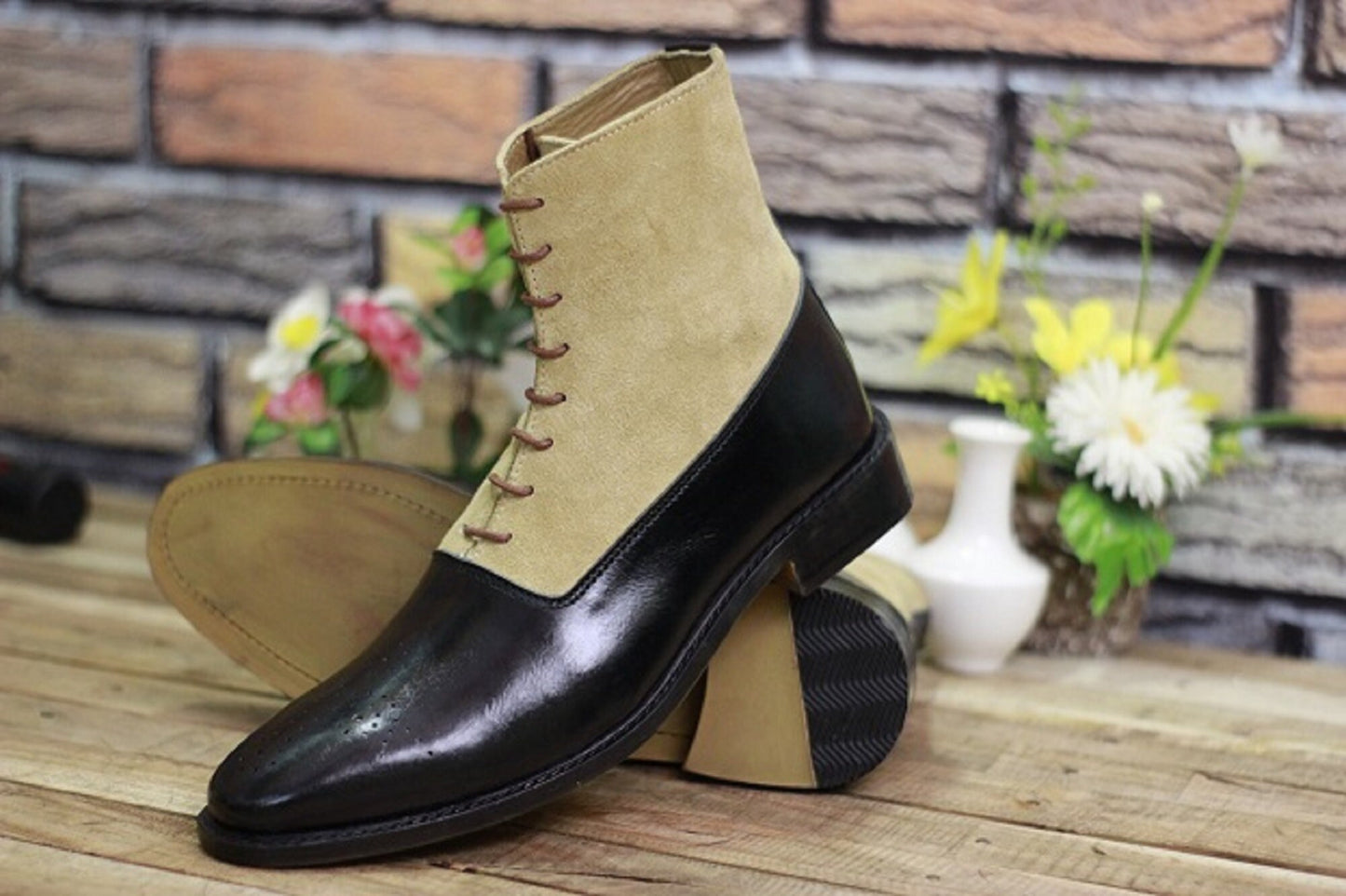 New Men's Handmade Formal Shoes Black Leather & Beige Suede Lace Up Stylish Ankle High Round Toe Boots