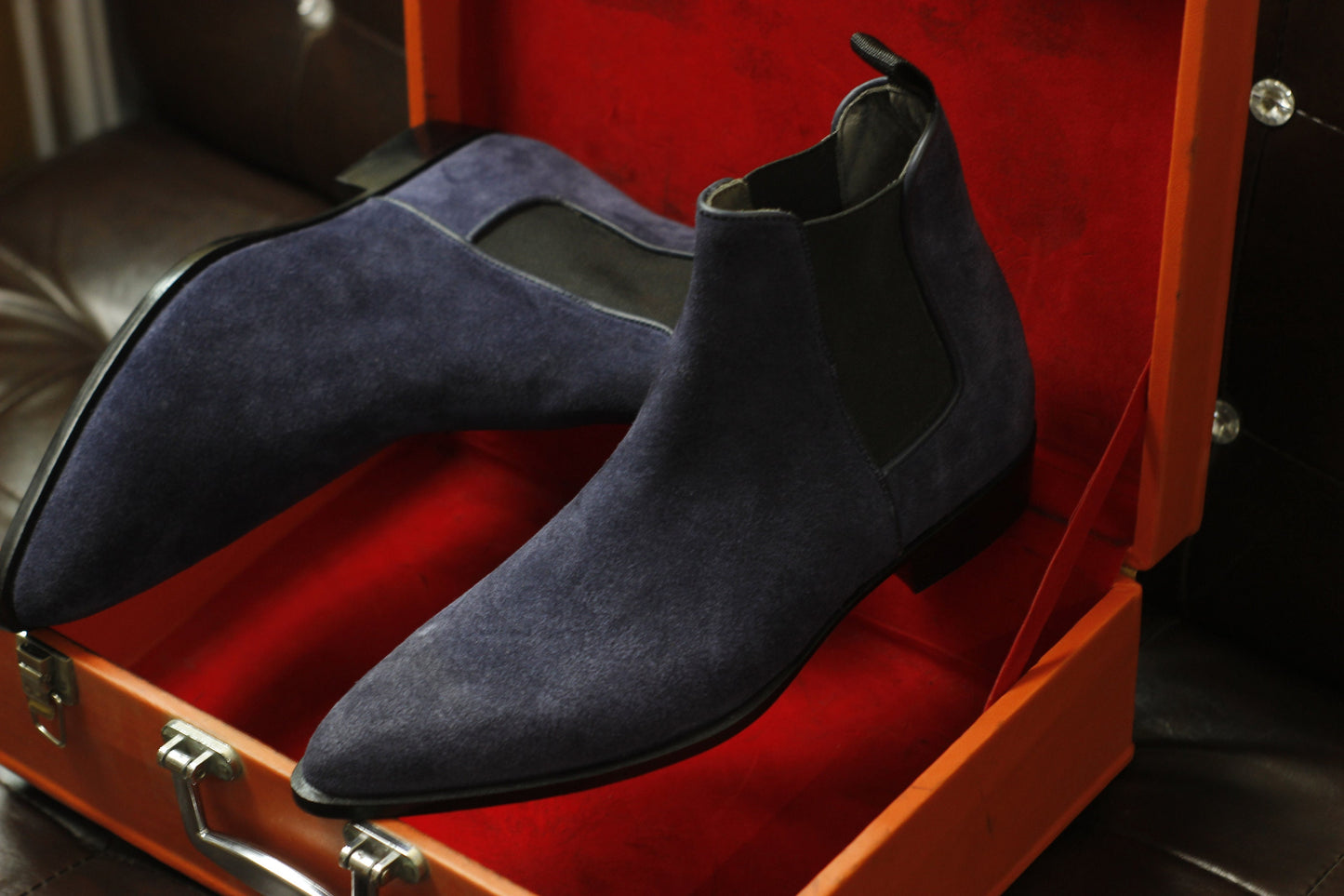 New Men's Handmade Formal Shoes Navy Blue Suede Leather Pull On Ankle High Stylish Chelsea Boots