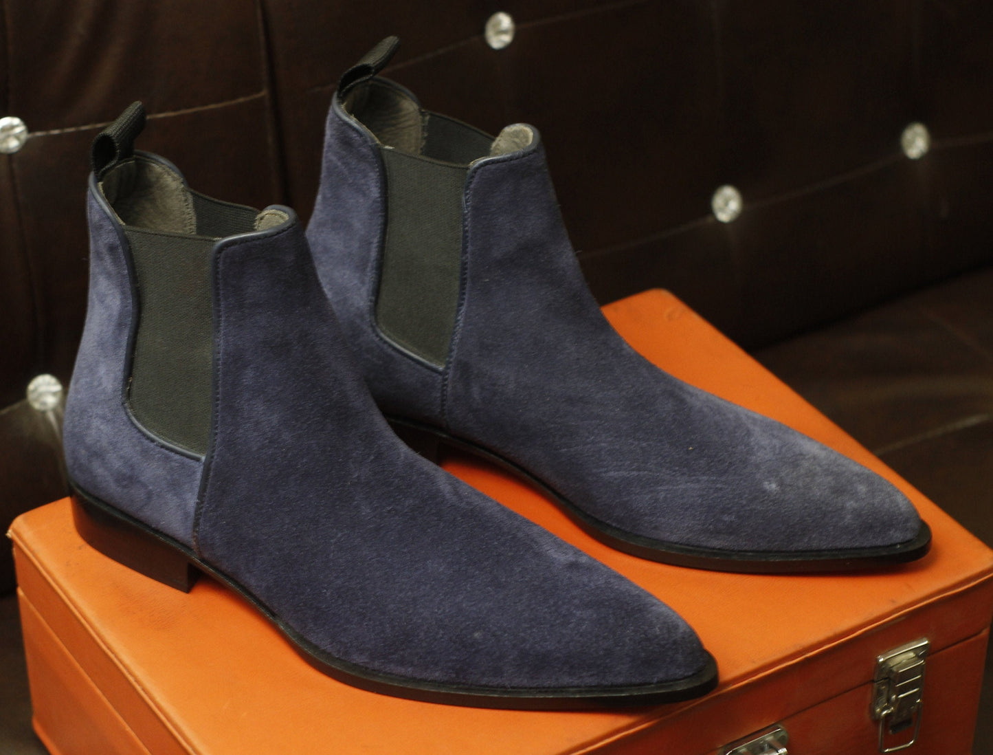 New Men's Handmade Formal Shoes Navy Blue Suede Leather Pull On Ankle High Stylish Chelsea Boots