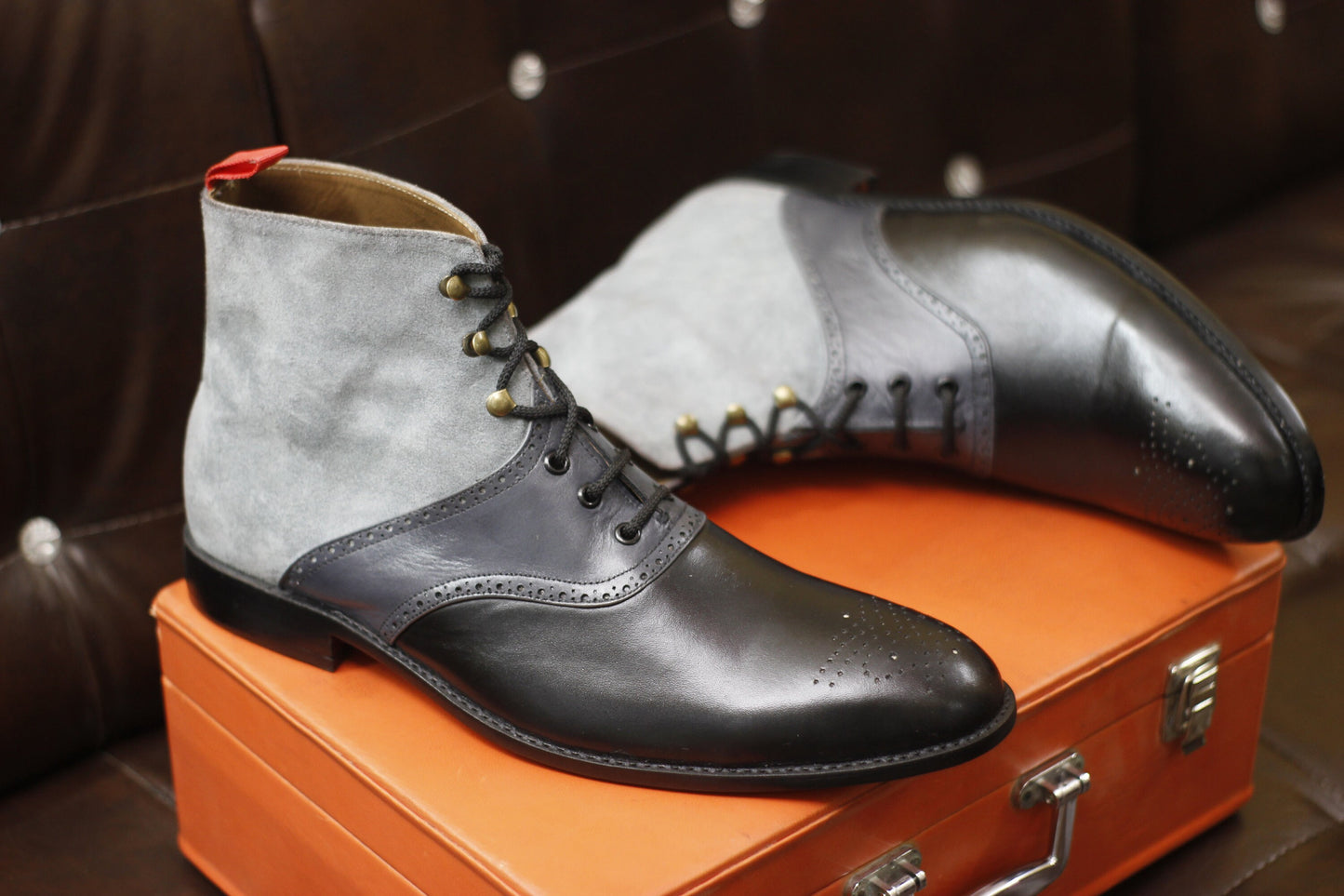 New Men's Handmade Formal Shoes Grey Black Suede & Leather Lace Up Ankle High Brogue Toe Style Dress/Formal Boots