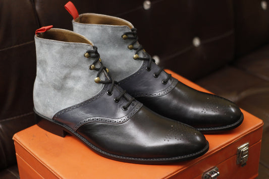 New Men's Handmade Formal Shoes Grey Black Suede & Leather Lace Up Ankle High Brogue Toe Style Dress/Formal Boots