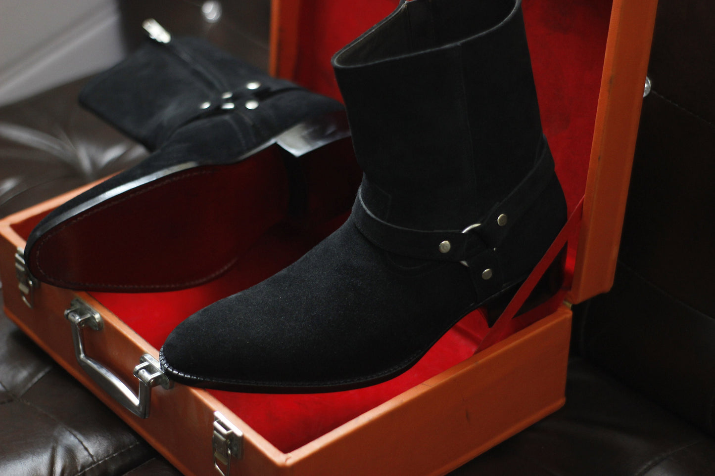 New Men's Handmade Formal Shoes Black Suede Leather Ankle High Jodhpur Style Zip Up Boots