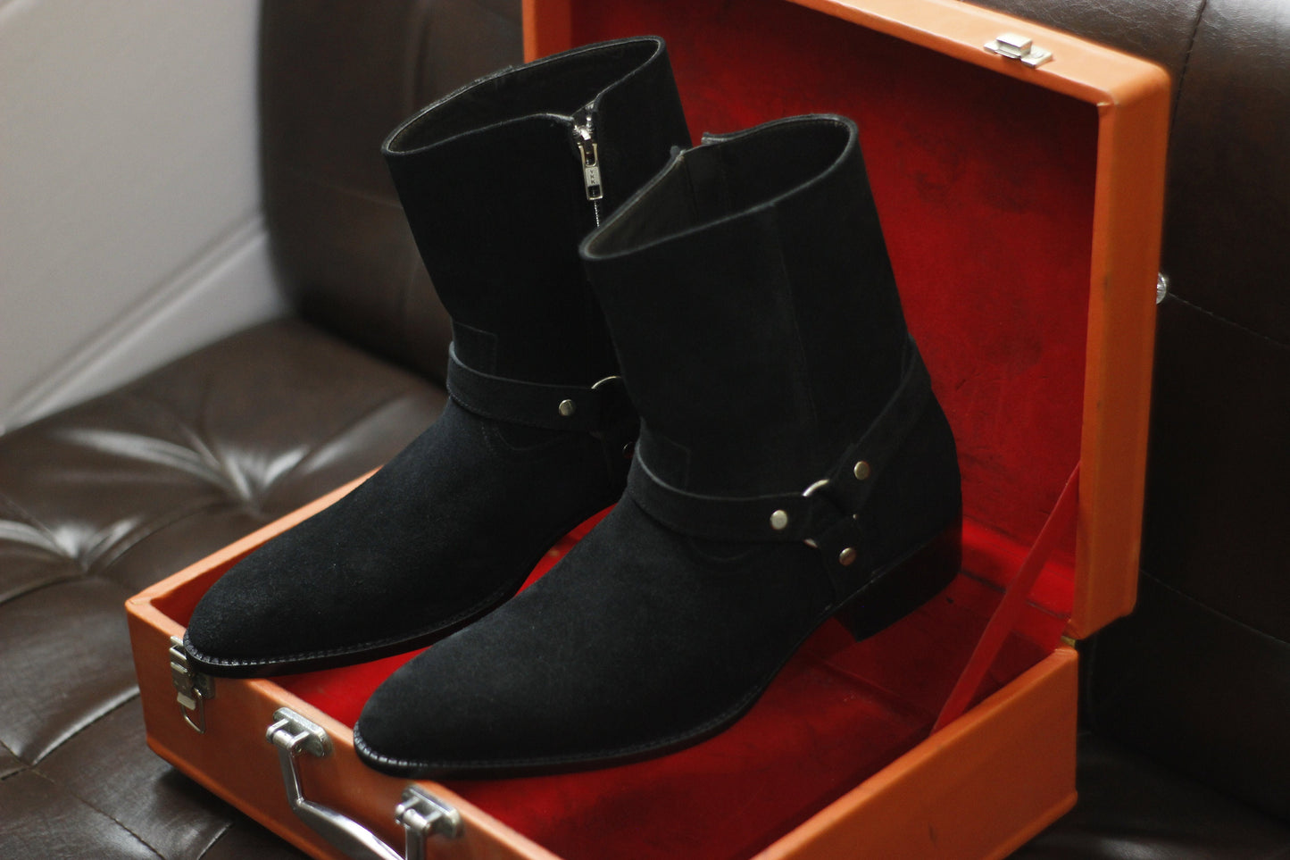 New Men's Handmade Formal Shoes Black Suede Leather Ankle High Jodhpur Style Zip Up Boots