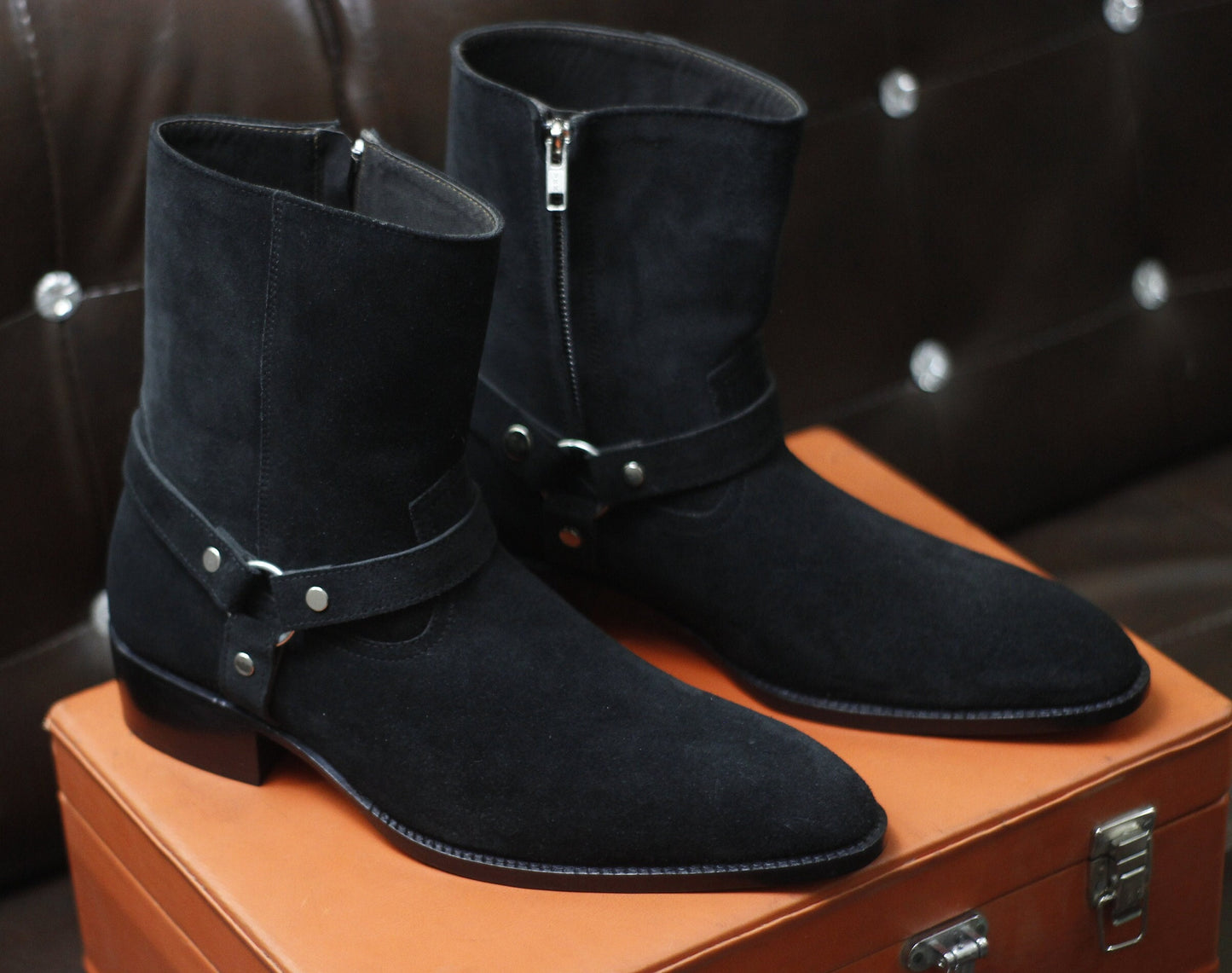 New Men's Handmade Formal Shoes Black Suede Leather Ankle High Jodhpur Style Zip Up Boots