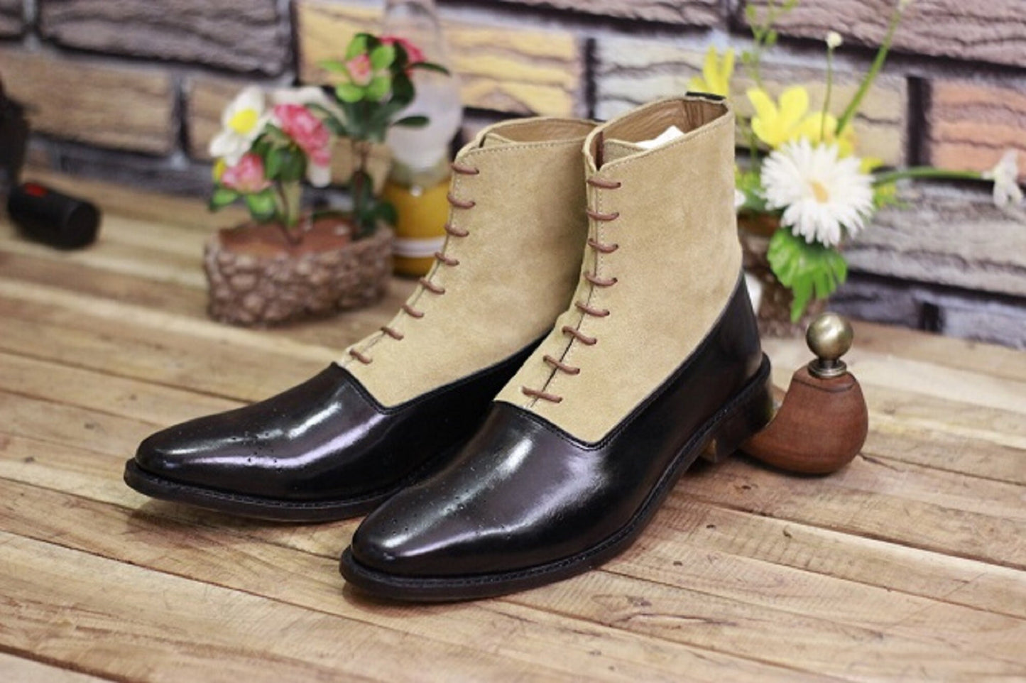 New Men's Handmade Formal Shoes Black Leather & Beige Suede Lace Up Stylish Ankle High Round Toe Boots