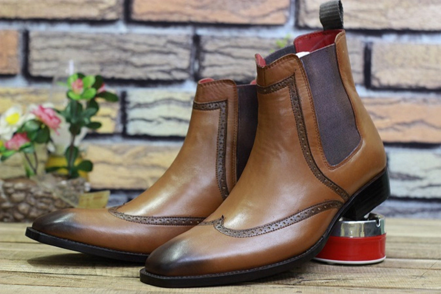 New Men's Handmade Formal Shoes Brown Shaded Leather Ankle High Pull On Stylish Wing Tip Chelsea Boots