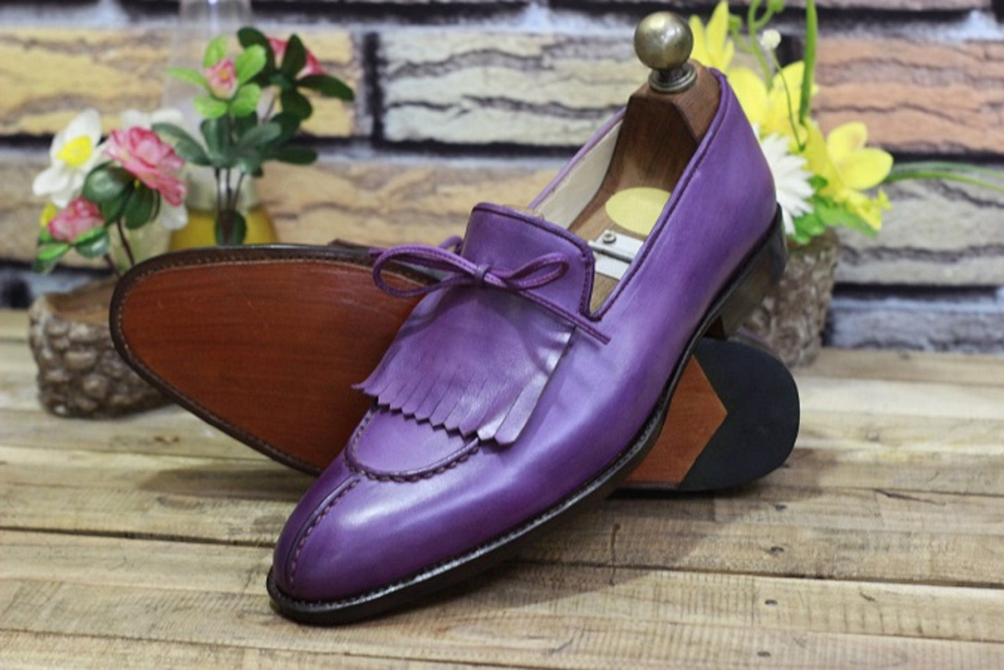 New Men's Handmade Formal Shoes Purple Leather Slip On Stylish Loafer Bespoke Teasels Dress & Formal Wear Shoes