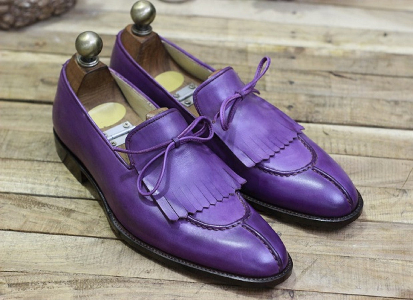 New Men's Handmade Formal Shoes Purple Leather Slip On Stylish Loafer Bespoke Teasels Dress & Formal Wear Shoes