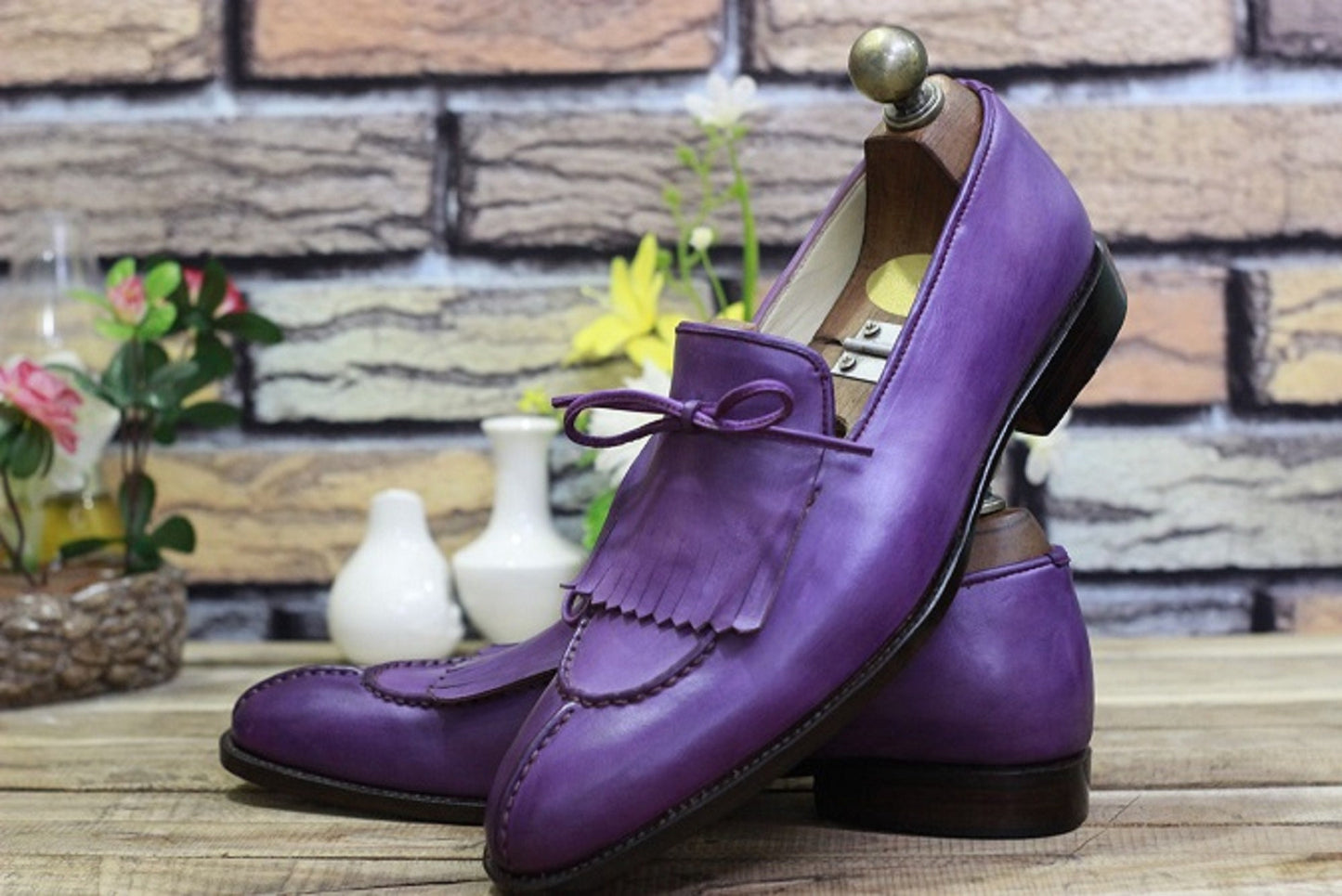 New Men's Handmade Formal Shoes Purple Leather Slip On Stylish Loafer Bespoke Teasels Dress & Formal Wear Shoes